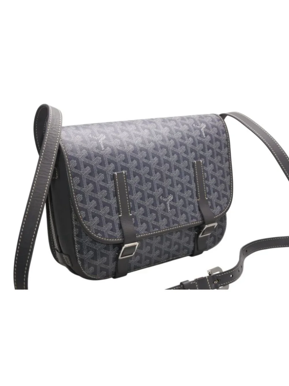 Goyard Belvedere MM Shoulder Bag Gray Leather Silver Herringbone Pattern